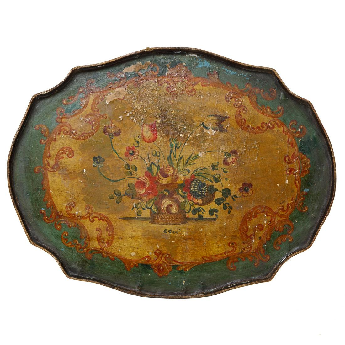 Vintage Venetian Shaped Oval Painted Wood Serving Tray with Gallery (1 of 3)