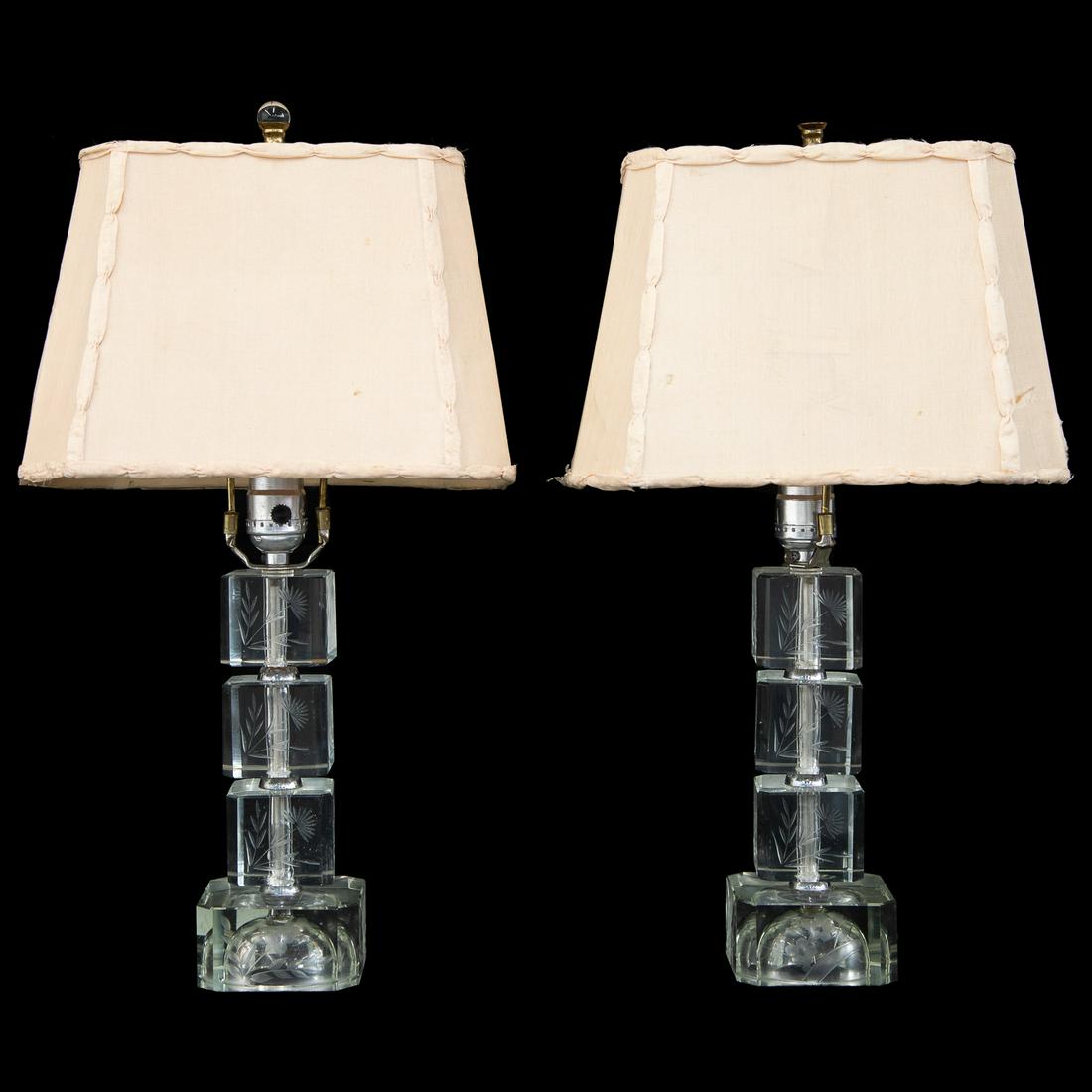 Vintage Glass Lamps in Stacked Cube Pattern, Pair: Vintage Glass Lamps in Stacked Cube Pattern, Pair, with Etched Leaf and Palmetto Floral Designs. Includes Shades. 20" High. As Found (One Shade is Damaged)