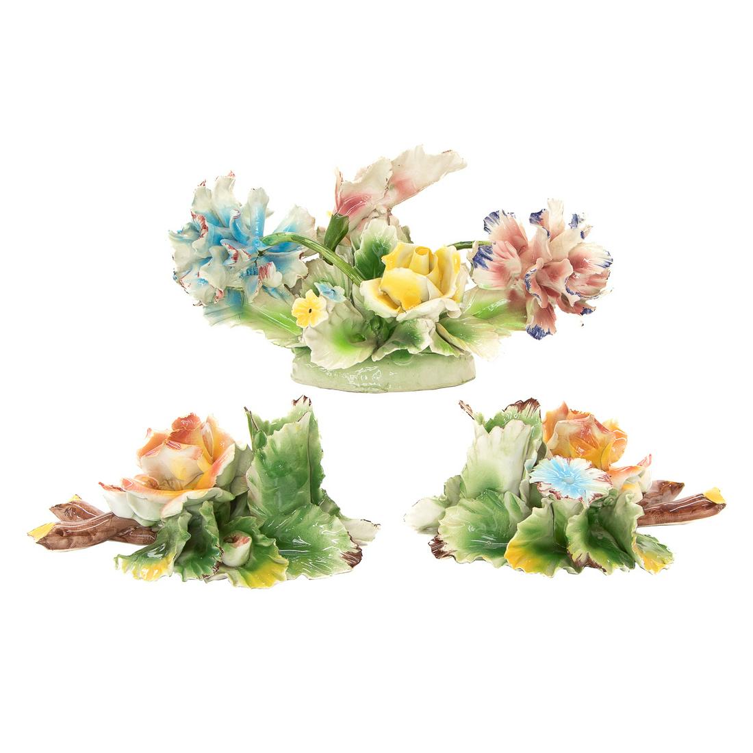Vintage Capo Di Monte Glazed Porcelain Flower Grouping, Set of Three (1 of 7)