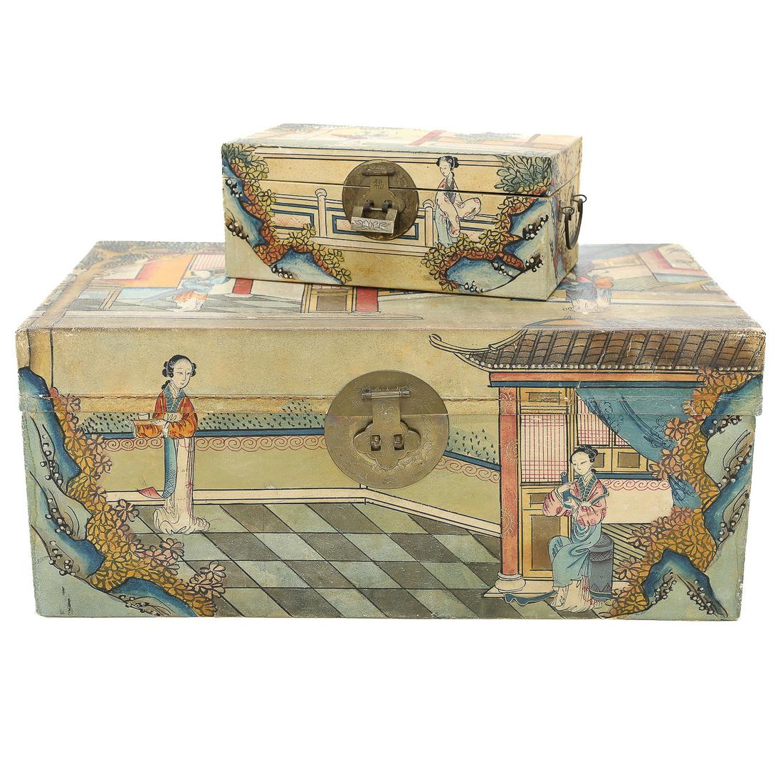 Vintage Oriental Decorative Boxes, Companion Pair, Boxes Wrapped in Painted Canvas: Vintage Oriental Decorative Boxes, Companion Pair, Boxes Wrapped in Painted Canvas Featuring Figural Scenes Accented with Floral Designs. Great Accessory Item. Small: 11” Wide, 6” Deep, 4.