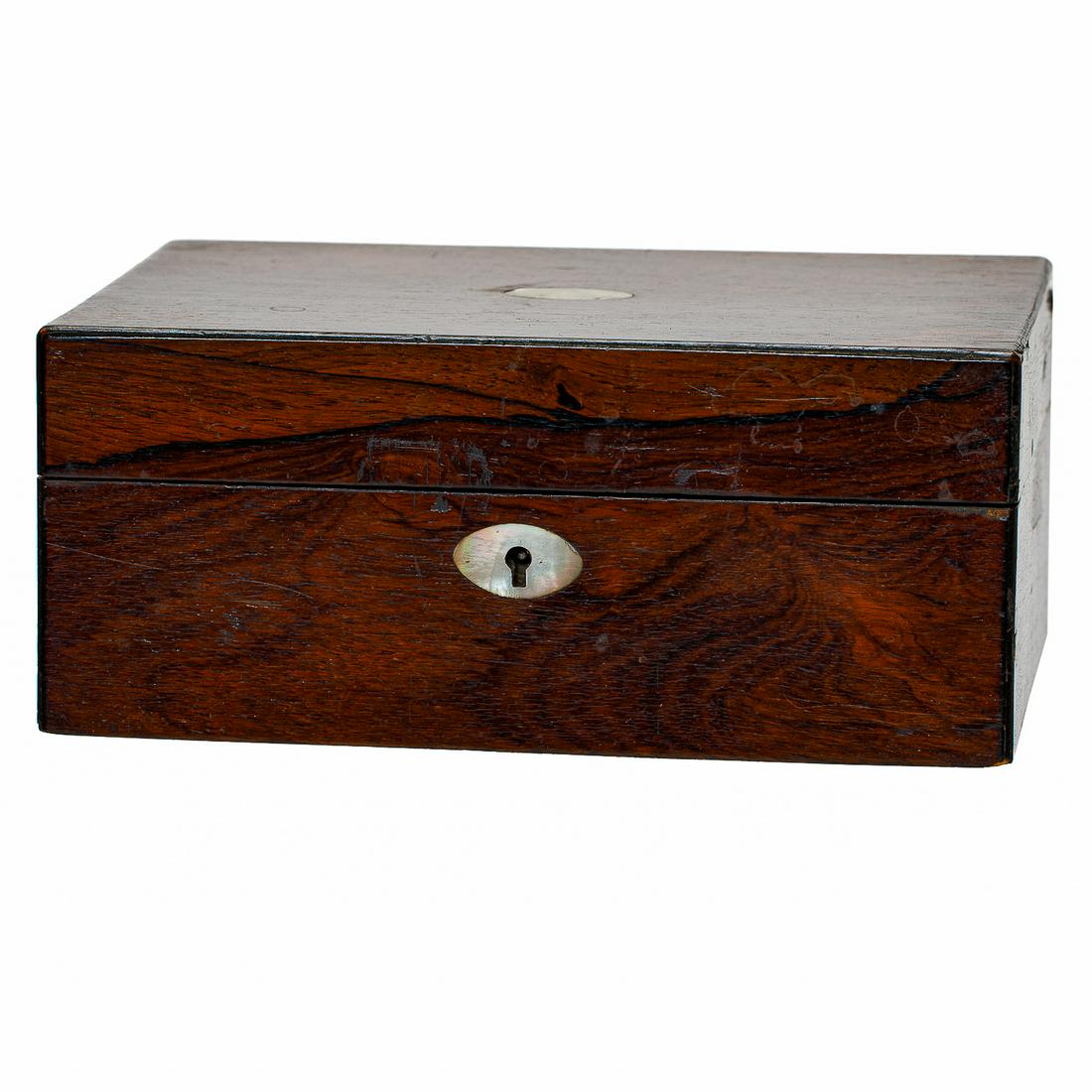 19th C. English Rosewood Storage Box with Mother of Pearl Center Medallion on Lid, C. 1870-1890 (1 of 7)