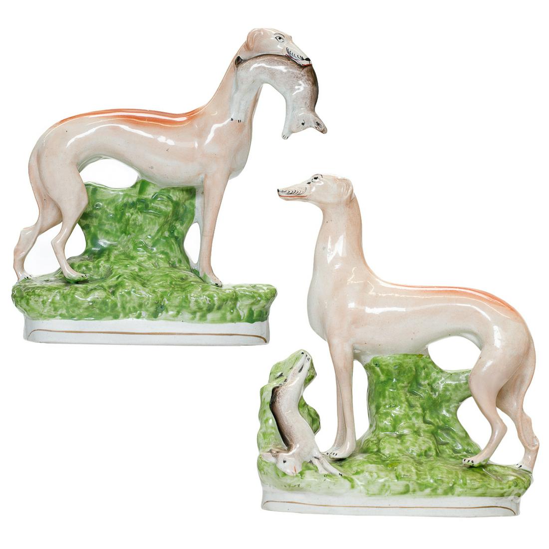 19th C. English Staffordshire Hunting Greyhounds with Rabbits, Pair, C. 1890 (1 of 18)