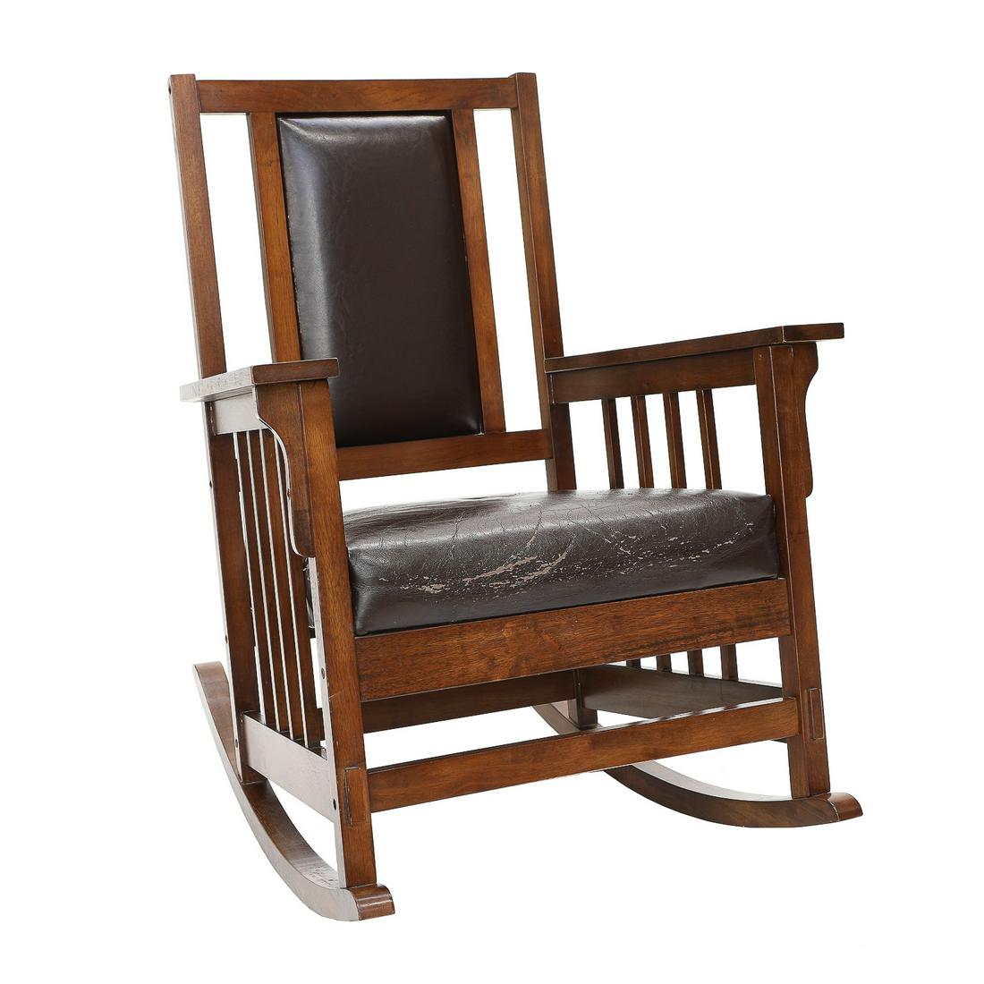 Mission Style Mahogany Rocker, Featuring Open Slat Back and Brown Leather Seat (1 of 5)