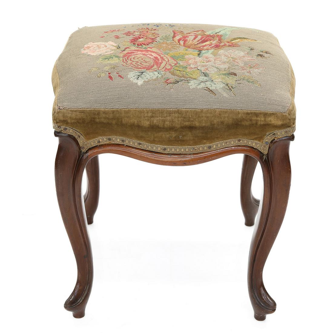 Antique Victorian Bench, Featuring Floral Needlepoint and Velvet Upholstered Seat, C. 1900-1910 (1 of 3)
