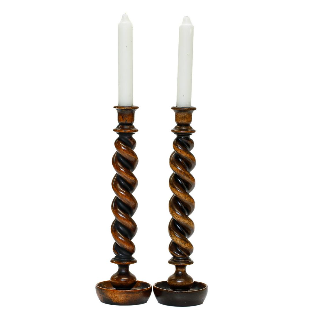 Vintage Walnut Barley Twist Candlesticks, Pair, Hand-Turned in England (1 of 10)