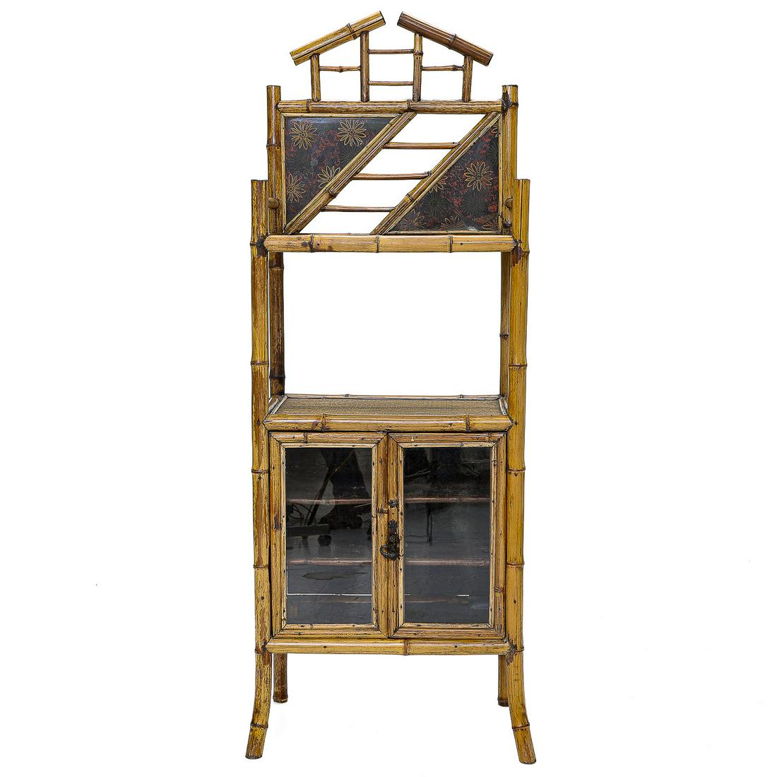Antique French Bamboo Etagere Cabinet, Featuring Black Painted Floral Panels on Top, C. 1890-1910 (1 of 8)