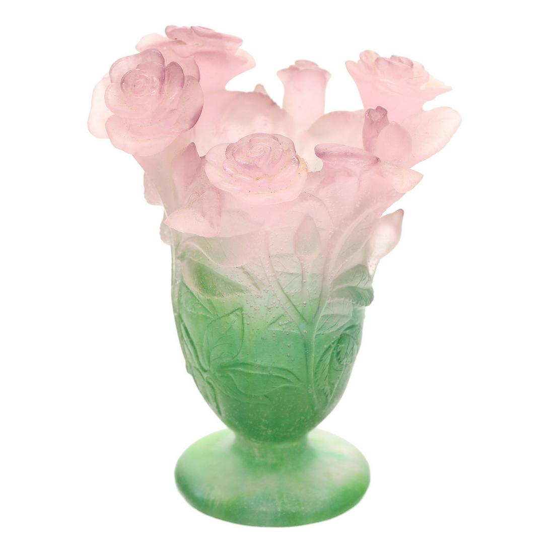 Pate De Verne Vase by Daum, France, Lilac Baby Roses Encircling the Top Rim: Pate De Verne Vase by Daum, France, Lilac Baby Roses Encircling the Top Rim, Foliage Stems Follow the Contour of the Green Vase, Signed. Daum is One of the Most Notable Makers of Art Glass out of Nanc