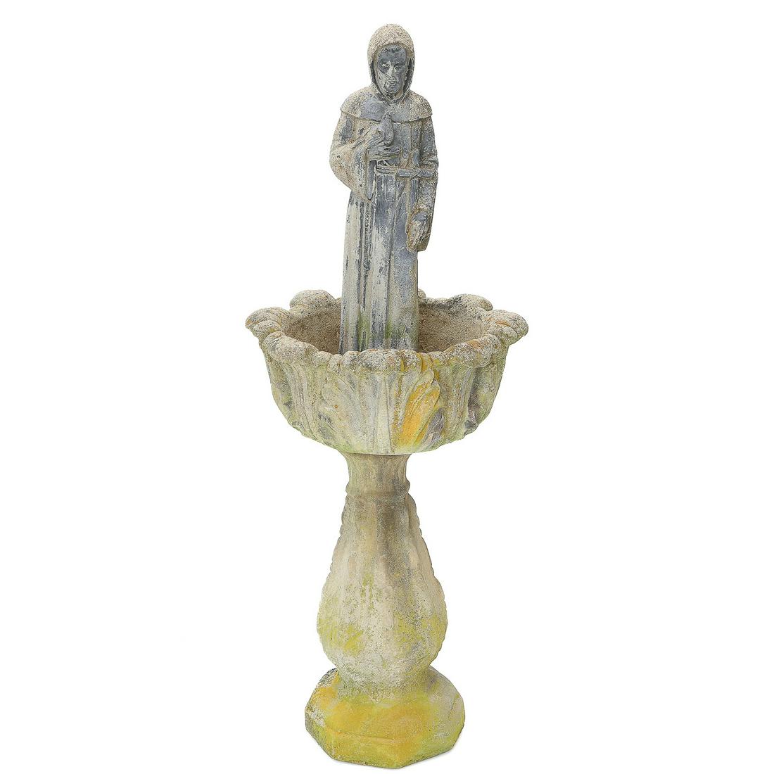 Vintage Cast Stone Bird Bath and Additional Stone Robed Male Figure Holding a Bird (1 of 5)