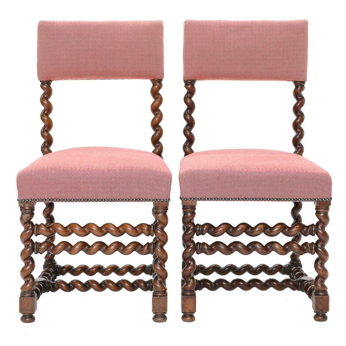 19th C. Charles II Style Fine Barley Twist Side Chairs, Pair, with Open Back Having Padded Back and (1 of 9)