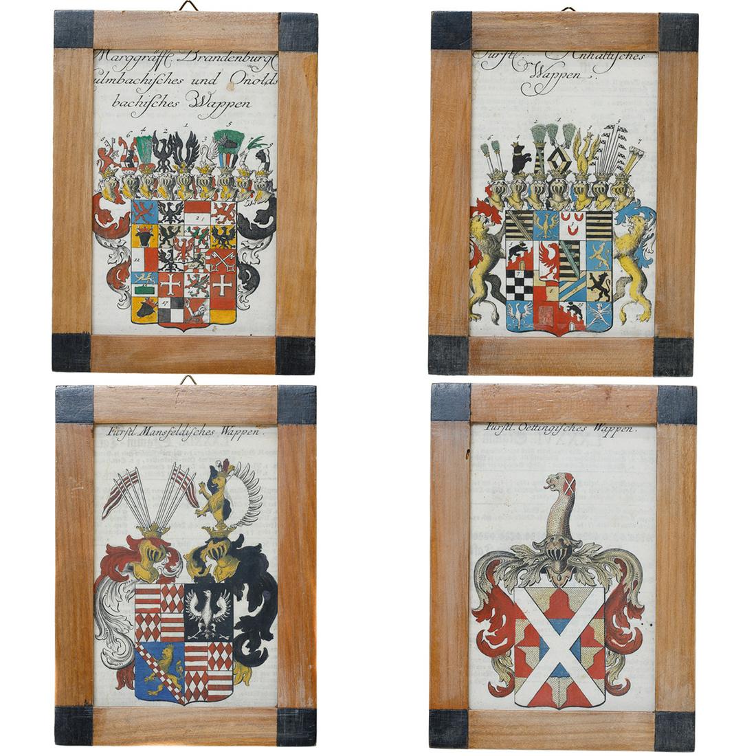 Antique Hand-Tinted Family Coat of Arms Crest Prints, Group of Four, Dated 1750 by Ruth King (1 of 9)