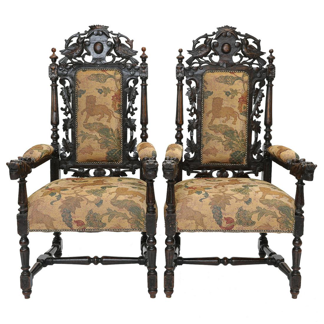 19th C. Jacobean Arm Chairs, Pair, Having Carved Birds Around Vacant Crest in Cartouche, C. (1 of 12)