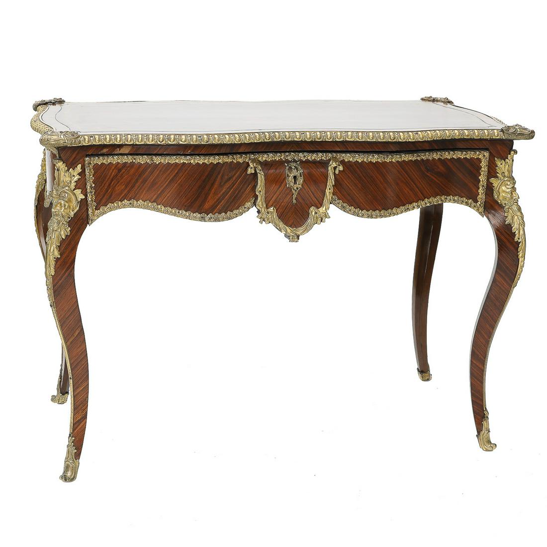 19th C. Louis XV Rosewood Bronze Mounted Bureau Plat with Brown Gold Tooled Leather Top, C. (1 of 9)