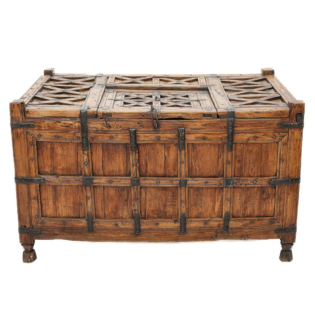 19th C. Spanish Walnut Bench Made Strongbox with Iron Fittings Throughout, C. 1850-1860 (1 of 7)