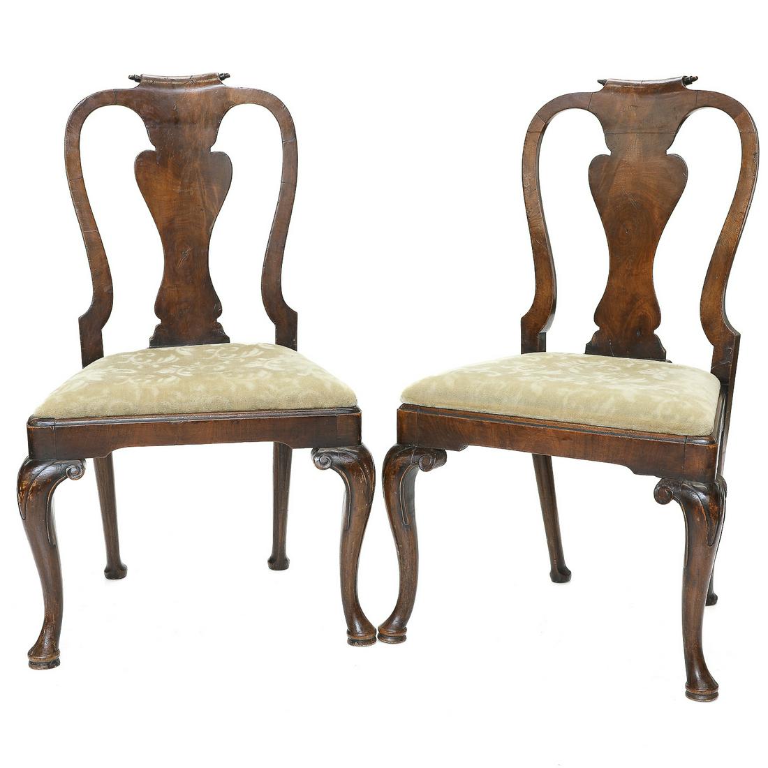 19th C. Queen Anne Style Walnut Side Chairs, Pair, Featuring Carved Scroll on Crest, C. 1840-1860 (1 of 8)