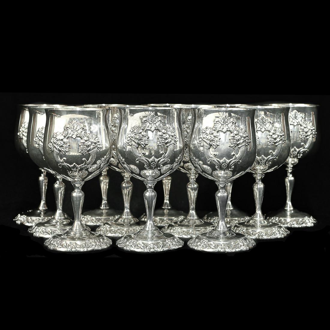 Collection of 12 Reed and Barton, 1659, Silver Plated King Francis Pattern Water Goblets: Collection of 12 Reed and Barton, 1659, Silver Plated King Francis Pattern Water Goblets. 3” Diameter, 6.5” Tall
