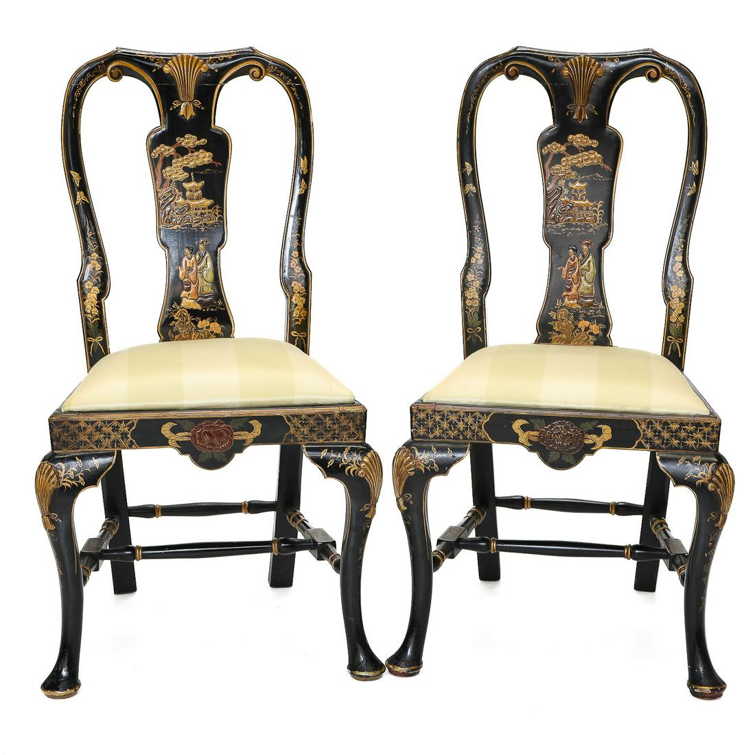 19th C. Black Lacquer Chinoiserie Queen Anne Style Side Chairs, Pair, C. 1860-1880 (1 of 10)