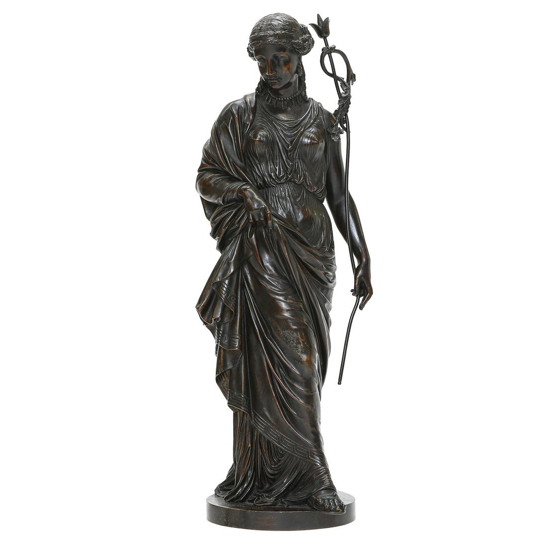 19th C. Auguste Moreau (France, 1834-1917), Bronze Sculpture of Robed Classical Lady with Staff, C. (1 of 10)