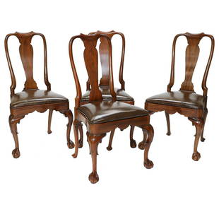 Georgian Style Walnut Side Chairs, Kindel Furniture Company, Grand Rapids, Michigan, Set of Four: Georgian Style Walnut Side Chairs, Kindel Furniture Company, Grand Rapids, Michigan, Set of Four, Having Shaped Aprons and Shaped Brown Leather Removable Slip Seats, on Cabriole Legs with Carved Scrol