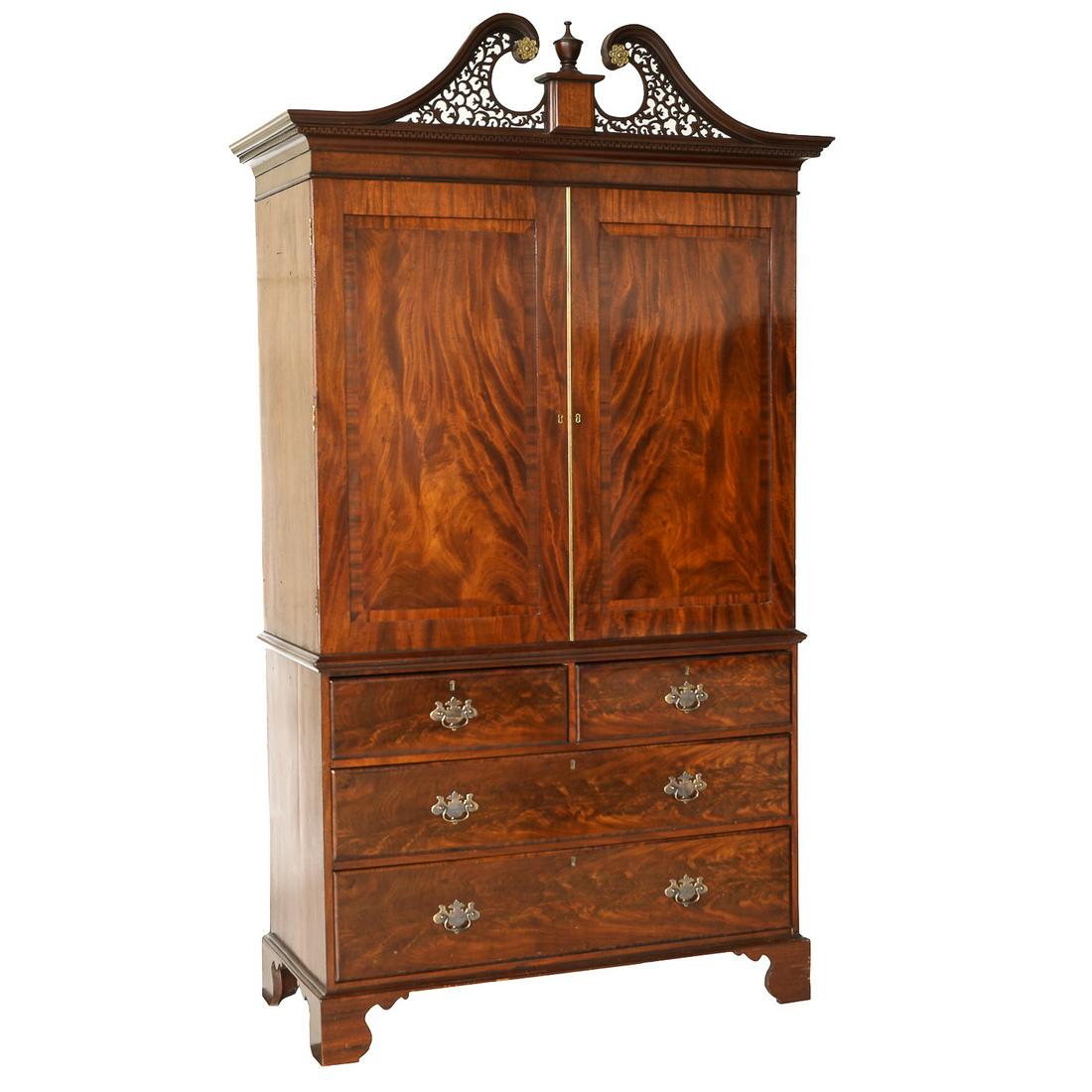 Late 18th C. George III Flamed Mahogany Linen Press with Intricately Carved Lattice Scroll Pediment, (1 of 7)