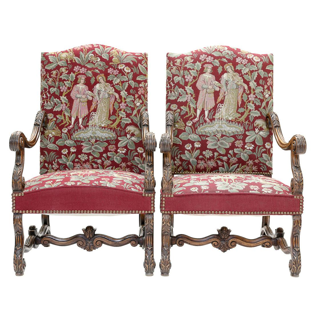 19th C. French Louis XIV Style Walnut Fauteuils, Pair, Having Tall Arched Backs, C. 1880-1890 (1 of 10)