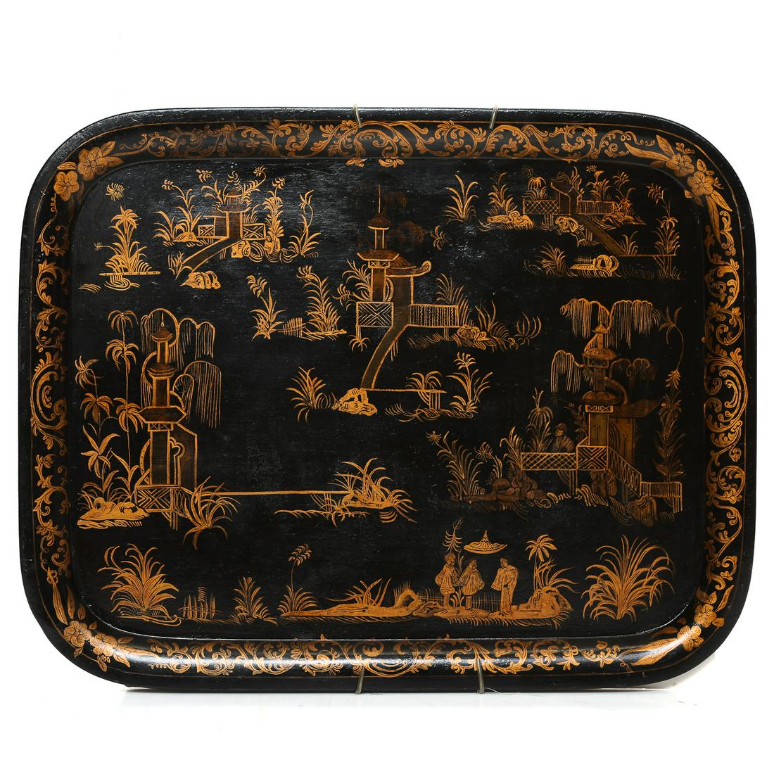 Vintage English Tole Serving Tray, Black with Gold Floral Border (1 of 7)
