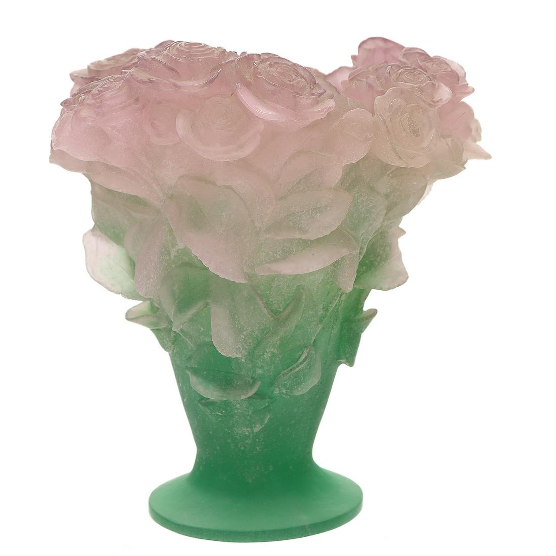Pate De Verne Vase by Daum, France, Lilac Baby Roses Encircling the Top Rim: Pate De Verne Vase by Daum, France, Lilac Baby Roses Encircling the Top Rim, Foliage Stems Follow the Contour of the Green Vase, Signed. Daum is One of the Most Notable Makers of Art Glass out of Nanc