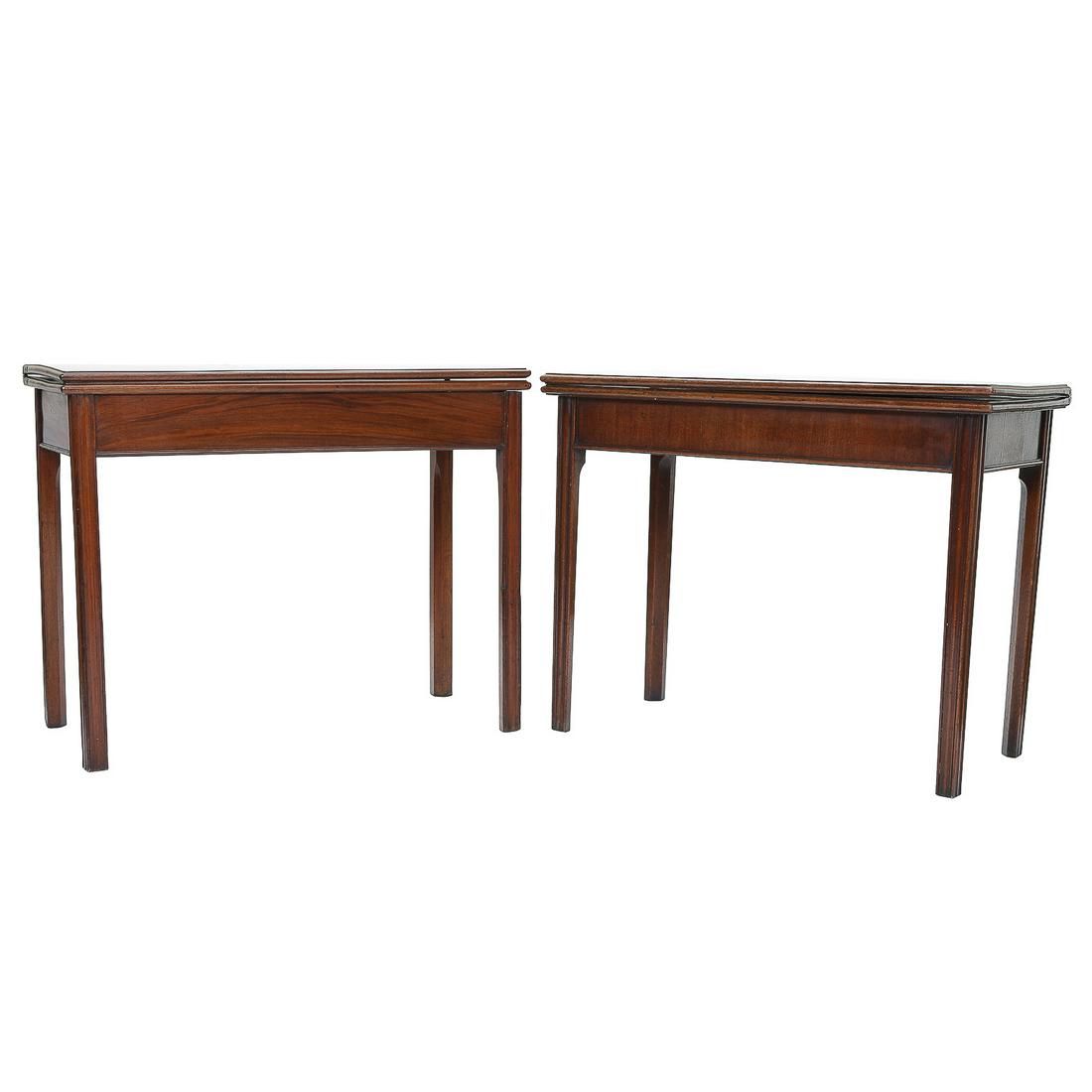 19th C. George III Mahogany Flip Top Tea Tables, Pair, Chippendale Style, C. 1840-1850: 19th C. George III Mahogany Flip Top Tea Tables, Pair, Chippendale Style with Flamed Board Tops, Gate Leg to Accept Top, and Fluted Straight Legs, C. 1840-1850. 36.5” Wide, 17.5” Deep, 29.