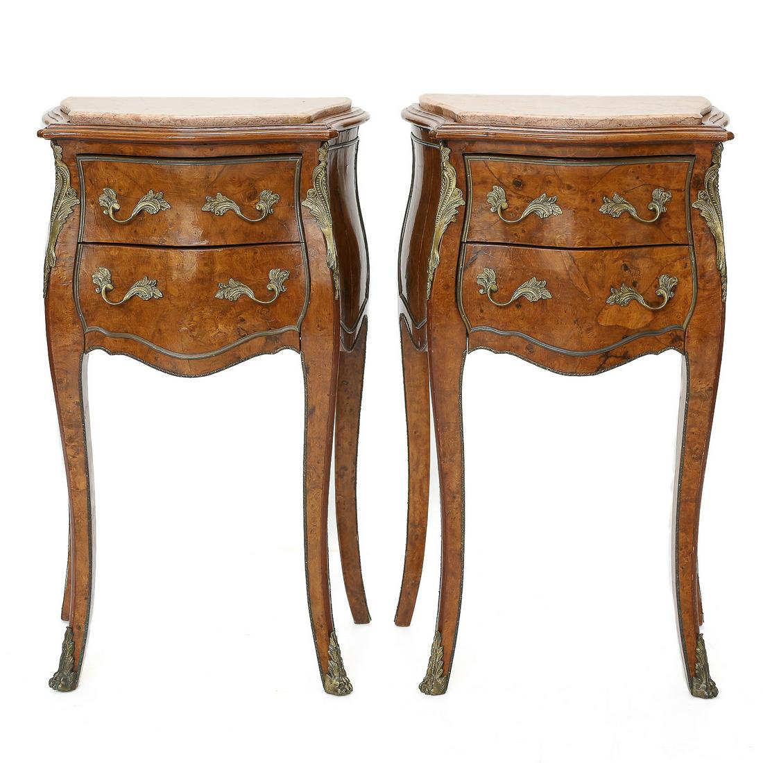 Louis XV Style Marble Top Petite Commodes, in Burl Walnut Having Shaped Inset Marble Tops (1 of 10)