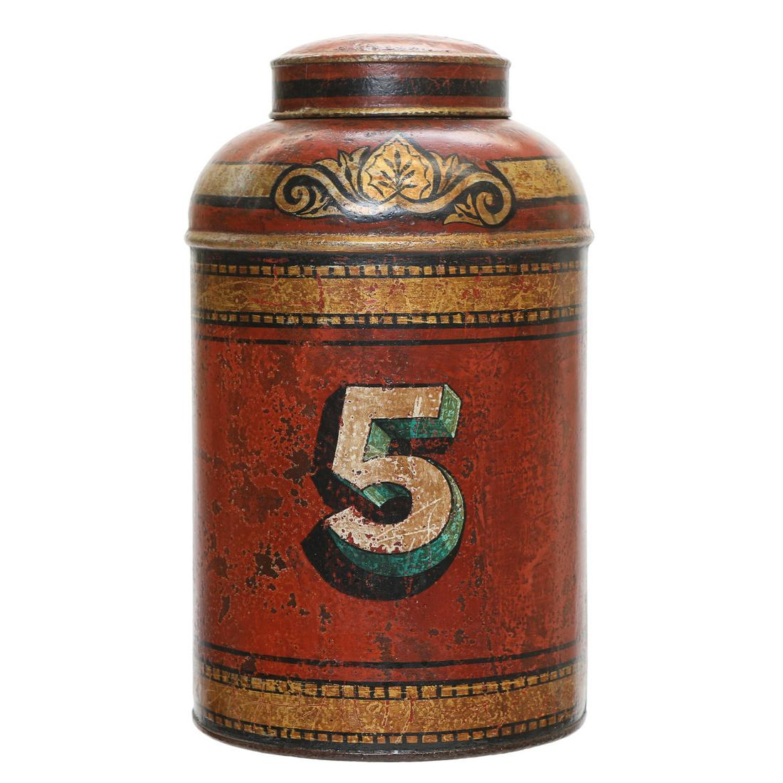 19th C. English Tole Red Painted Tea Canister with Gold and Black Banding, C. 1880 (1 of 9)