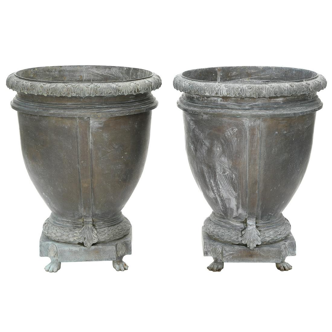 Pair of Large Bronze Urns with Acanthus Leaf Border at Top, Resting on Lion Claw Feet (1 of 5)