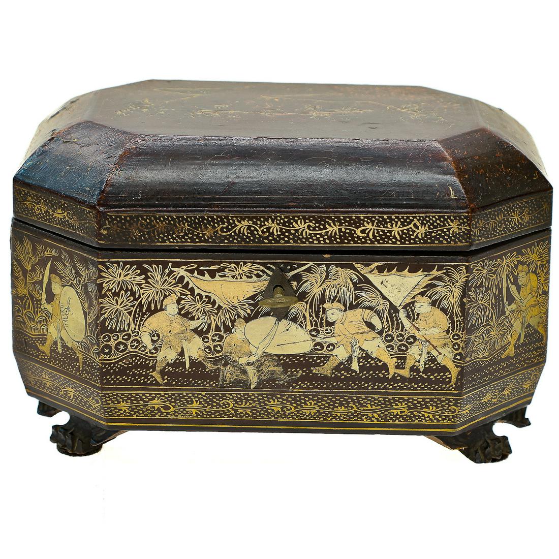 19th C. English Japanned Tea Caddy, Black Lacquered Tea Box Having Figural Warrior Scenes on All (1 of 8)