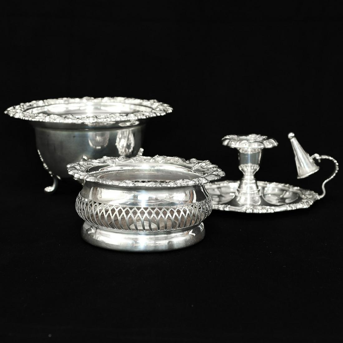 Vintage Group of Silver, Silver Plated Fruit Bowl, Silver Plated Wine Cooler, and Silver Plated: Vintage Group of Silver, Three Pieces Total, Silver Plated Fruit Bowl, Stamped EPNS (Electro Plated Nickel Silver) Featuring Scroll Border and Leaf Legs Resting on Scroll Feet, 8.5” Diameter, 4.