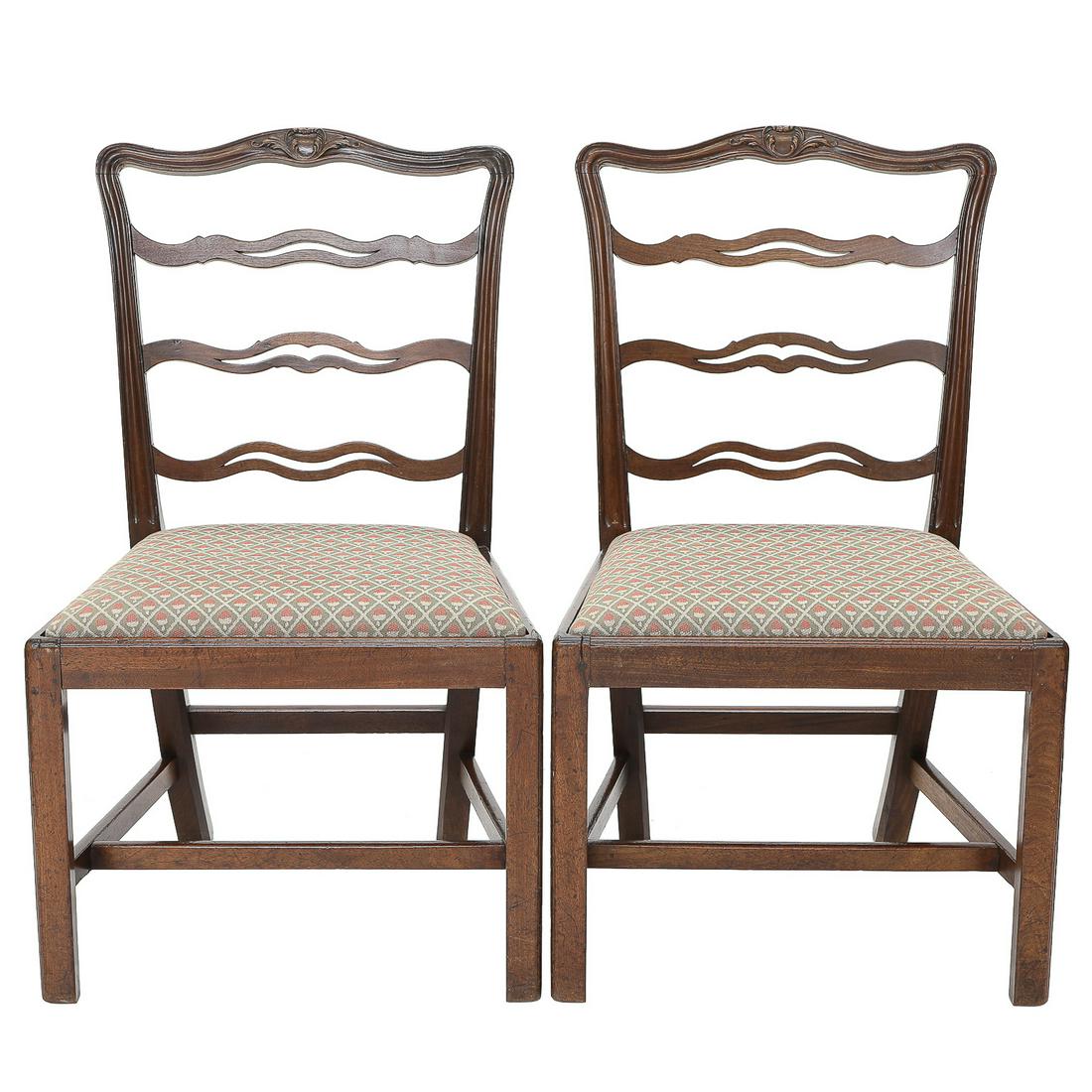 19th C. English George III Style Mahogany Ladder Back Side Chairs, Pair (1 of 8)