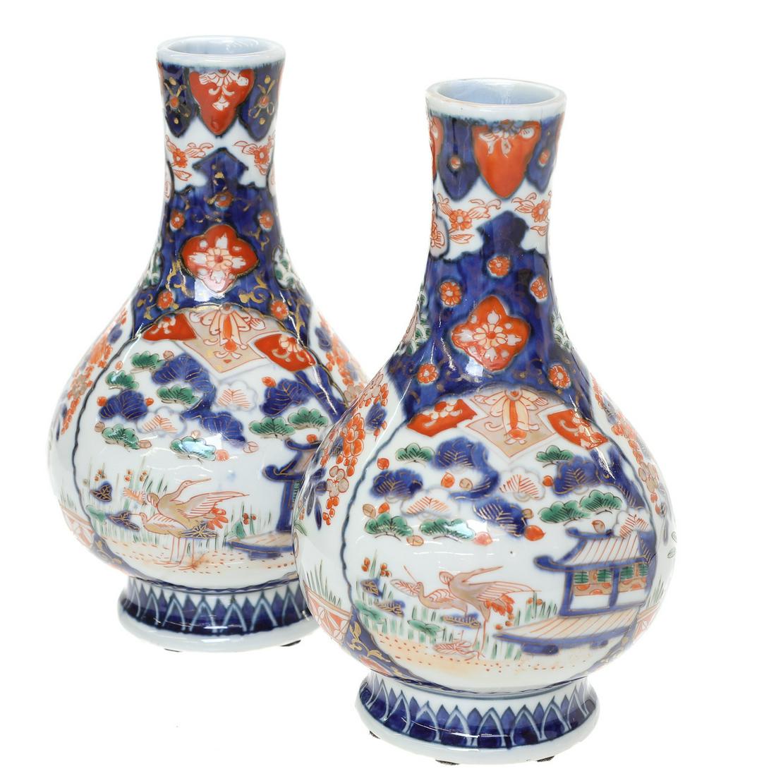 19th C. Japanese Imari Porcelain Bulbous Vases, Pair, with Floral, Scenic and Bird Decorations, C. (1 of 12)