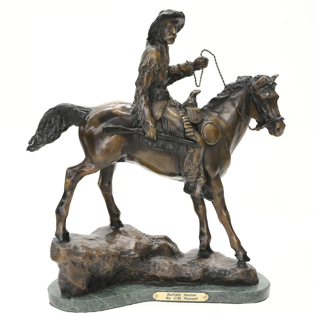 Small C.M. Russell Recast Bronze Sculpture of Buffalo Hunter (1 of 5)