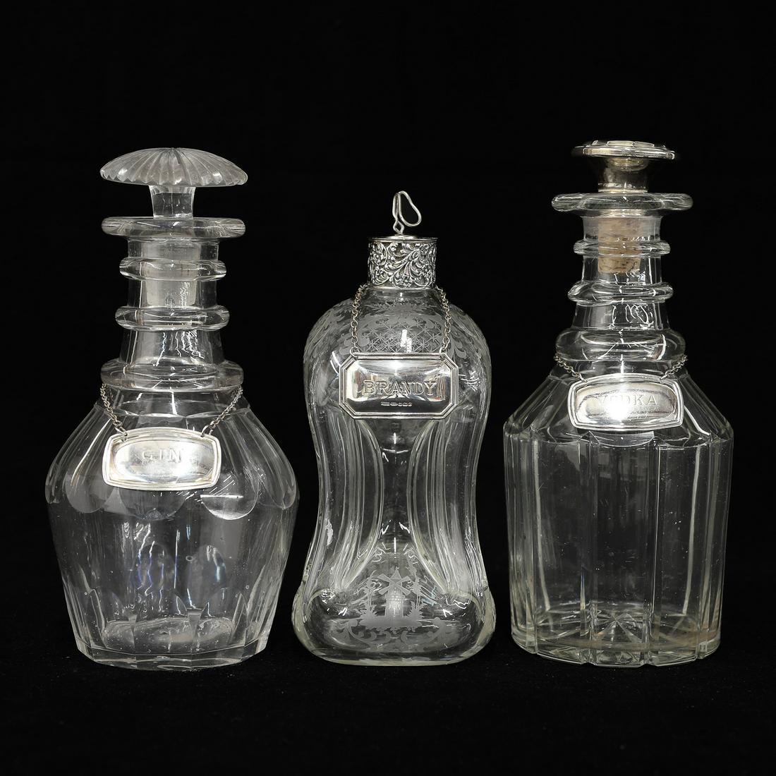 Glass Decanters with Silver Plated Liquor Tags, Group of Three (1 of 2)