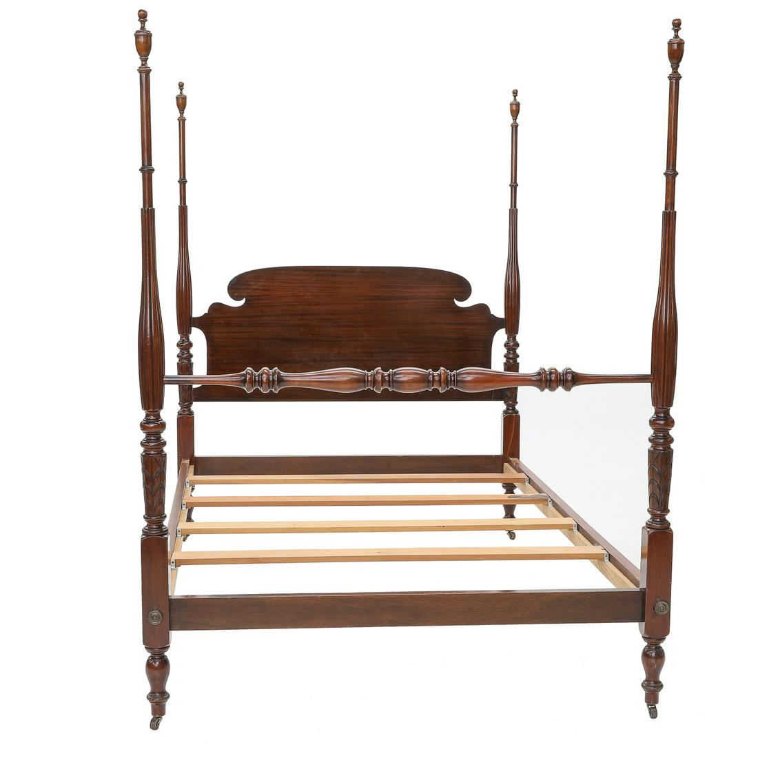 Vintage 20th C. Colonial Style Mahogany Four Poster Bed Having Fluted Turned Poster Columns (1 of 11)