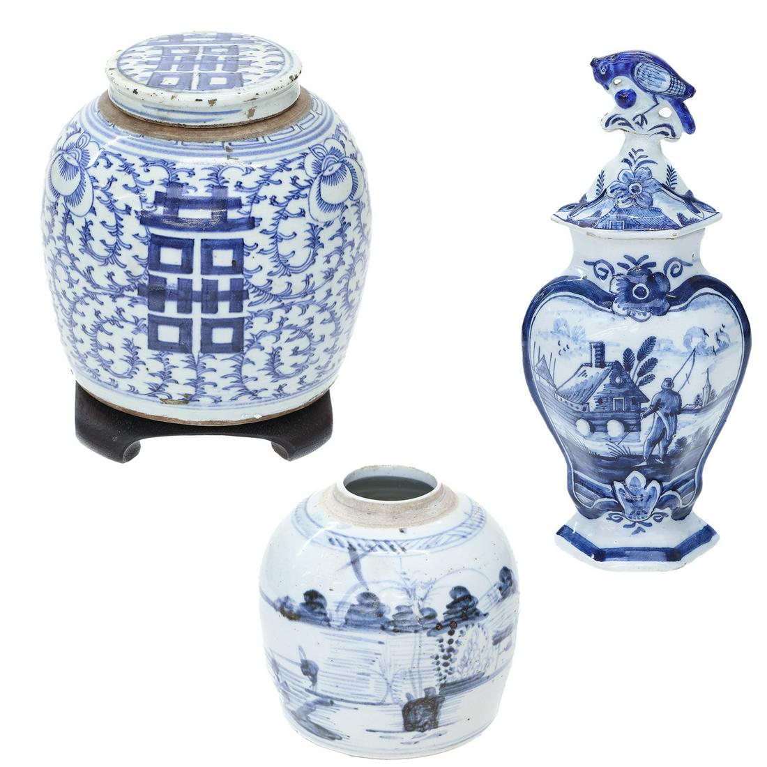 Antique Group of Blue and White Porcelain, Three Pieces Total, Ginger Jar No Lid, Ginger Jar, Urn (1 of 14)