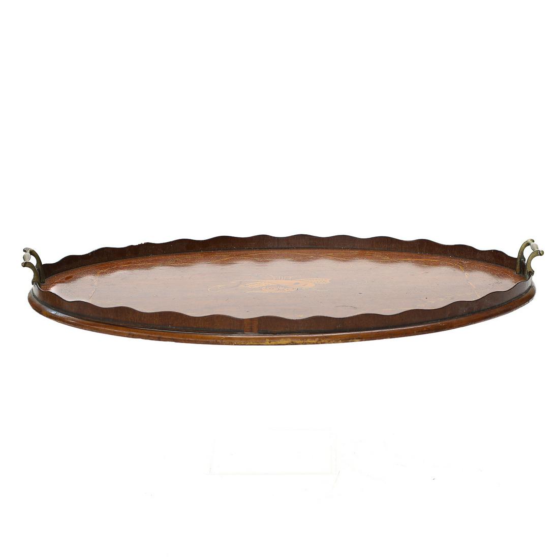 19th C. Oval Mahogany Serving Tray, Having Scalloped Top and Brass Handles, C. 1890-1900 (1 of 7)