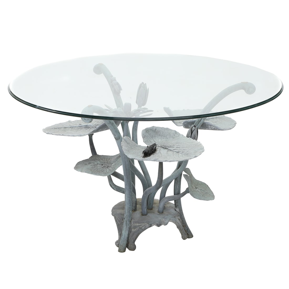 Whimsical Verde Bronze Lily Pad Cocktail/End Table with Glass Top: Whimsical Verde Bronze Lily Pad Cocktail/End Table with Glass Top, Having Floral Accents and Two Crickets on Lily Pads. 30" Wide, 30" Deep, 21.5" High, Glass: 36" Diameter