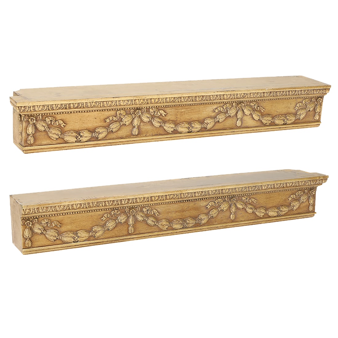 Carved Wooden Pelmets, Pair, with Egg and Dart Style Acanthus Leaf Carvings: Carved Wooden Pelmets, Pair, with Egg and Dart Acanthus Leaf Carved Molding, Bead Carvings Under Molding, and Husk Carved Swags with Ribbon, in a Gold Leaf Finish. 52" Wide, 7.5" Deep, 8" High