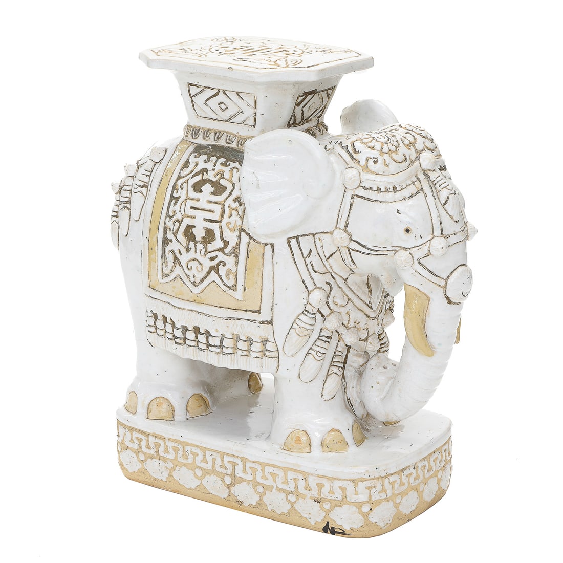 Vintage Glazed Ceramic Elephant Shaped Garden Seat Featuring White and Yellow Glazing (1 of 8)