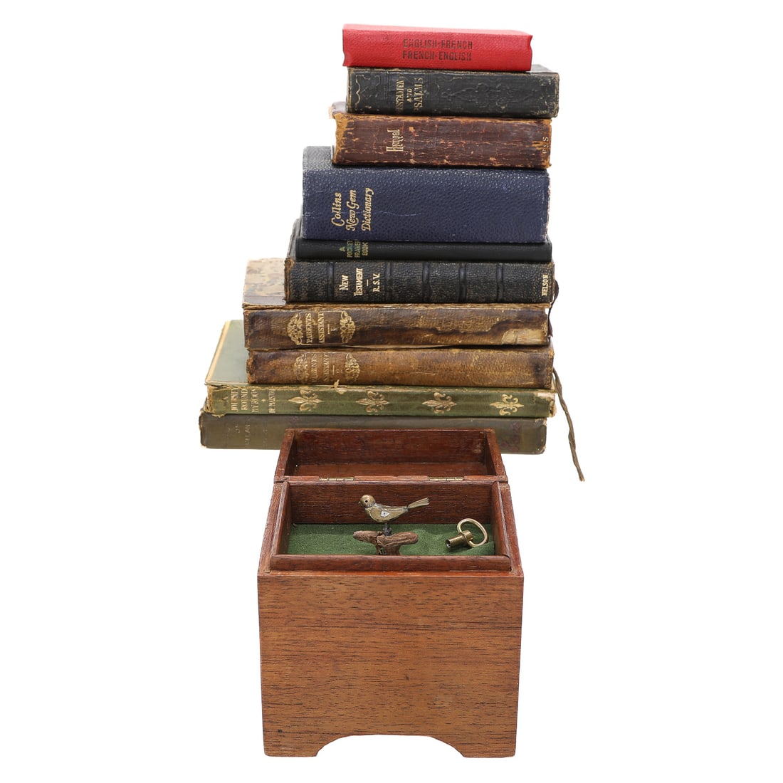 Vintage Accessories Grouping, 10 Leather Bound Books and Mahogany Music Box (1 of 10)