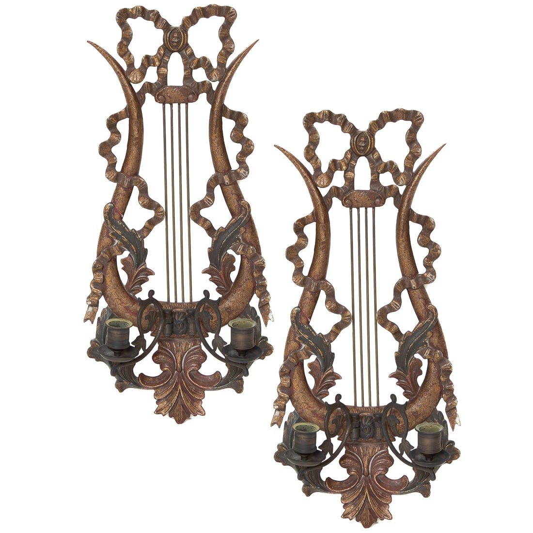 Vintage Polychrome Decorated Wooden French Style Lyre Shaped Two Branch Wall Sconces: Vintage Polychrome Decorated Wooden French Style Lyre Shaped Two Branch Wall Sconces, Having Removable Brass Branches, Floral Design, Lyre Shaped Back Has Bow and Ribbon as well as Acanthus Leaf Decor