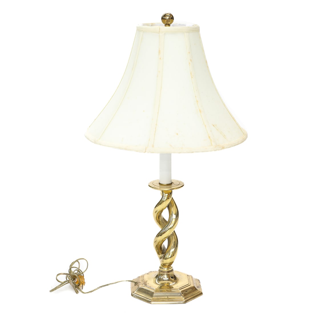 Vintage Berman Cast Brass Barley Twist Lamp: Vintage Berman Cast Brass Barley Twist Lamp on Octagonal Base with Shade and Brass Ball Finial, Stamped 1989. 16.25" Diameter, 29" High (As Found - Shade is Stained)