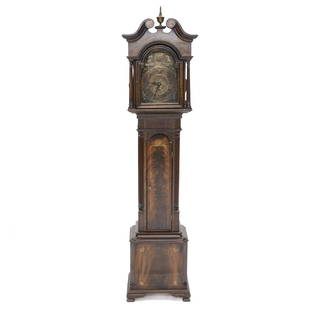 English Walnut and Mahogany Grandmother Clock with Mixed Wood and Inlays: English Walnut and Mahogany Grandmother Clock with Mixed Wood and Inlays, Broken Arch Pediment Surrounding Brass Finial, Brass Hinged Door Opens to Roman Numeral Dial, Clock Face Marked John Thompson