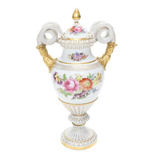 Vintage Meissen Style Porcelain Double Snake Handled White Urn: Vintage Meissen Style Porcelain Double Snake Handled Schlangenvase White Urn Having Hand-Painted Floral Scenes on the Body and Lid, Multiple Gold Gilt Borders and Designs, Beautiful Gold Accents on th