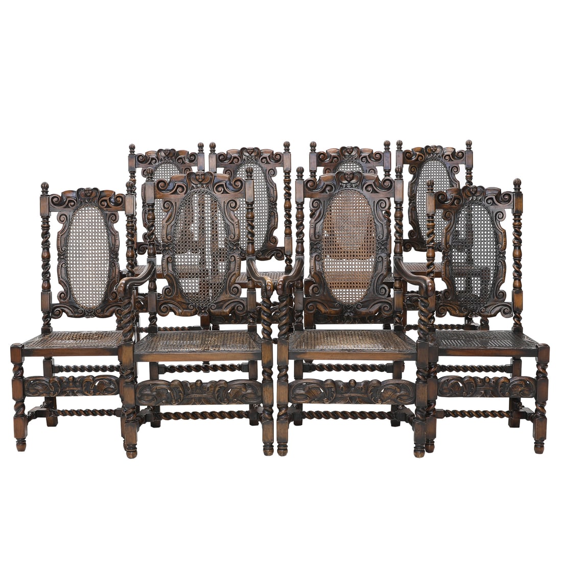 19th C. English Walnut Heavily Carved Jacobean Style Chairs, Set of Eight (1 of 10)