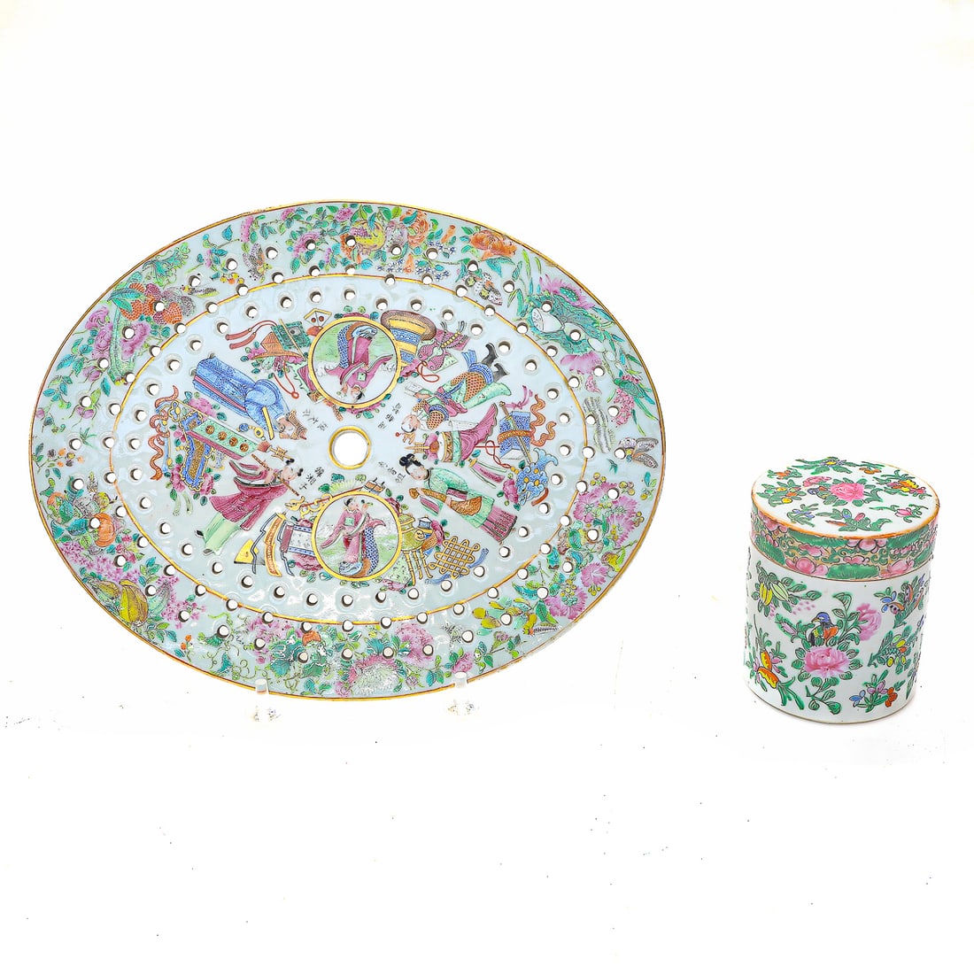 Vintage Famille Rose Style Tea Jar and Companion Rose Medallion Strainer (1 of 9)