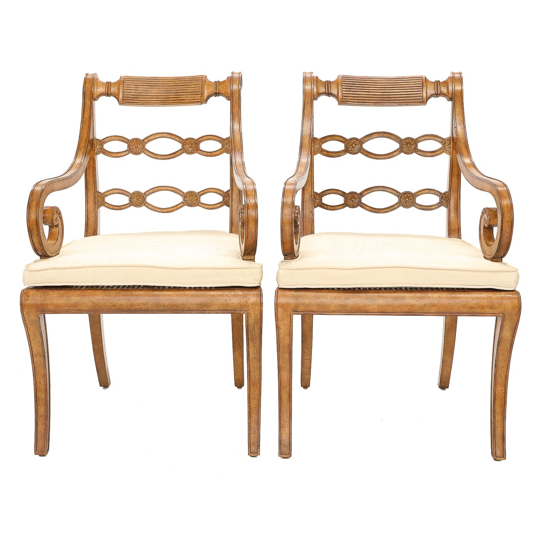English Regency Style Arm Chairs, Pair, in Faux Fruitwood Finish (1 of 8)